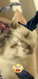 Whimsical collage of various animals, including a cat and a dragon, on a beige background.