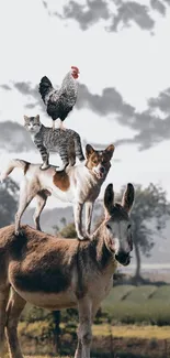 Whimsical stack of farm animals in a serene countryside setting.