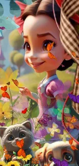 Animated girl with butterflies in a whimsical, colorful nature scene.