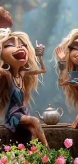 Whimsical animated tea party with vibrant characters and a fantasy atmosphere.