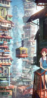 Anime cityscape with vibrant buildings and serene character.