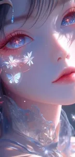 Anime girl with butterflies and blue eyes in a fantasy setting.