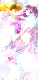 Anime girl in lavender dress surrounded by flowers and golden hearts.