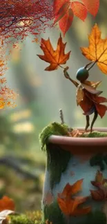 Whimsical figure with autumn leaves in pot.