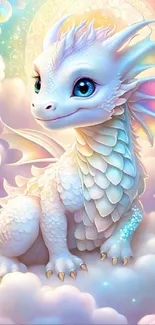 Whimsical baby dragon in pastel clouds mobile wallpaper.