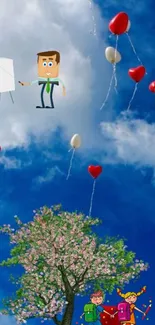 Whimsical scene with balloons and cartoon characters in a vibrant blue sky.