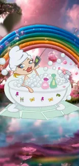 Cartoon woman in bathtub under rainbow in fantasy setting.