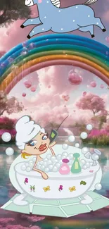 Cartoon character in a bubble bath under a rainbow in a fantasy landscape.