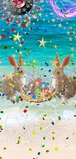 Whimsical beach scene with bunnies and stars.