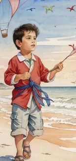 Boy flying a kite along a sunny beach with birds and a hot air balloon.