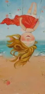 Whimsical illustration of a child on a beach swing in a red dress.