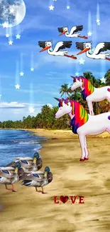 Magical unicorns on a whimsical beach with a vibrant sky.