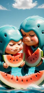 Cute cartoon twins enjoying watermelon by the sea on a sunny day.