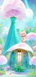 Whimsical mobile wallpaper with pastel bears and mushrooms.