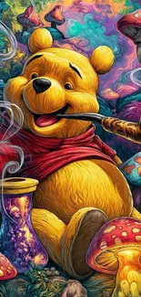 Whimsical bear with mushrooms in a colorful forest setting.