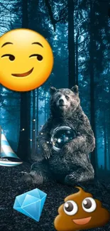 Bear and emojis in a dark blue forest setting, creating a whimsical wallpaper