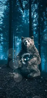 Bear in a dark enchanted forest holding a glowing orb.