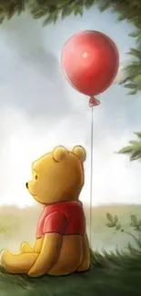 A whimsical bear sits with a red balloon in a serene, scenic forest landscape.