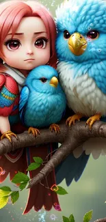 Whimsical illustration of a girl with colorful birds on a tree branch.