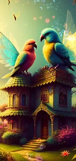 Whimsical birds perched on a fantasy cottage with vibrant colors.