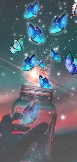 Blue butterflies emerge from a jar in a mystical night sky.