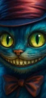 Whimsical blue cat with top hat and bow.