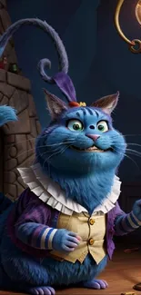 Whimsical blue cartoon cat with a lamp post in a fantasy setting.