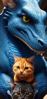 Blue dragon with two kittens mobile wallpaper.