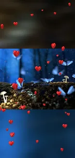 Mystical blue forest with butterflies and red hearts wallpaper.