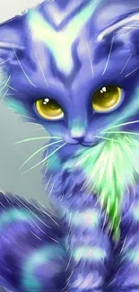 Whimsical blue kitten with vibrant colors and yellow eyes on wallpaper.