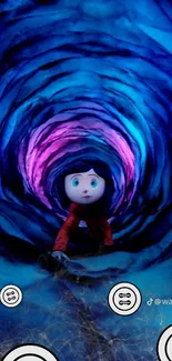 Whimsical blue tunnel art with mysterious character.