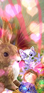 Cute bunny and colorful Easter eggs with a pink glowing background.