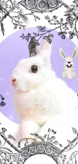 Whimsical white rabbit wallpaper with floral art and pastel purple background.