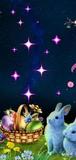 Whimsical night sky with bunnies and Easter eggs.