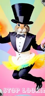 Whimsical bunny in tuxedo with colorful background and playful emojis.