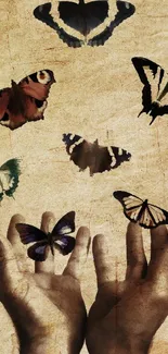 A whimsical wallpaper featuring butterflies and hands against a vintage textured background.