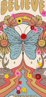 Whimsical butterfly with flowers and rainbow art on mobile wallpaper.