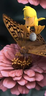 Whimsical butterfly resting on a pink flower with a yellow character.