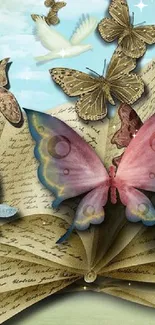 Colorful butterflies flying from an open book against a dreamy sky.