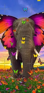 Elephant with butterfly wings in a colorful meadow.