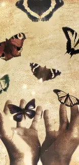 Butterflies flutter above hands with a rustic, vintage backdrop.