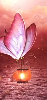 Artistic pink butterfly with glowing lantern on a dreamy background.