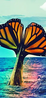 Fantasy wallpaper of a whale tail with butterfly wings above ocean waves.