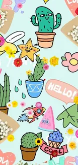 Whimsical mobile wallpaper with cacti and doodles.