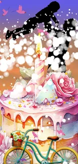 Whimsical cake with roses and silhouettes, vibrant wallpaper.