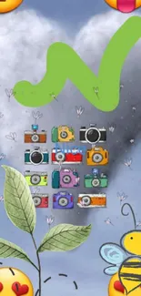 Whimsical camera-themed wallpaper with emojis and leaf elements.