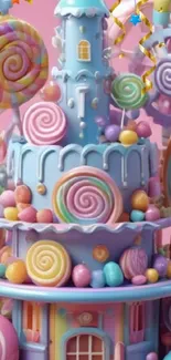 Whimsical candy castle with pastel colors and sweets