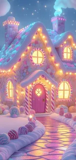 Whimsical gingerbread house in a snowy, magical setting.