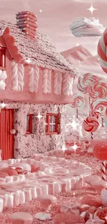 Dreamy candy house with lollipops and pink hues.