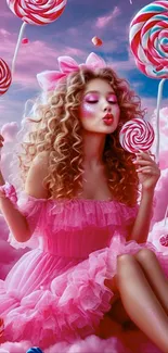 Woman in pink dress surrounded by candy clouds and lollipops.